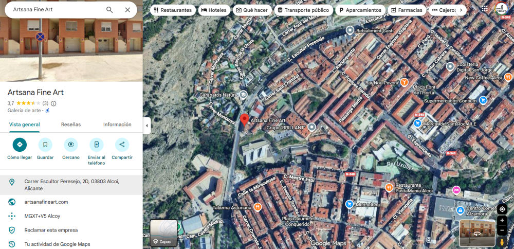 Google Maps view of Artsana Fine Art location in Alcoy, Alicante with surrounding area details.