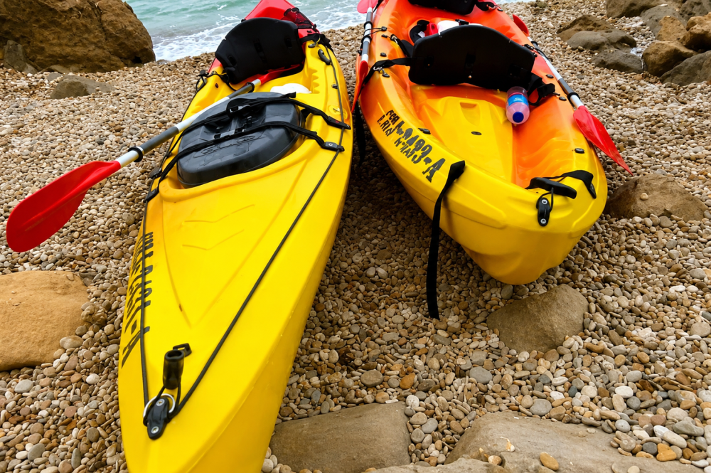 Two yellow kayaks with red paddles on a rocky beach.
