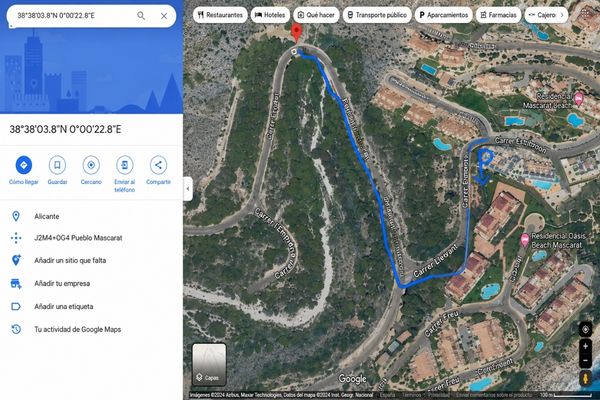 Mapa de la ruta a pie desde el aparcamiento hasta el punto de encuentro del puenting en Mascarat.