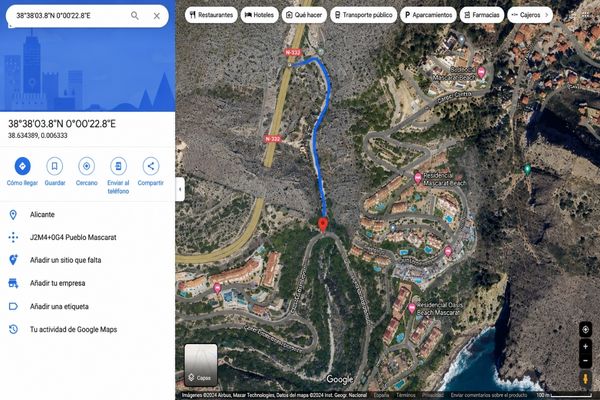 Mapa del acceso desde la carretera N-332 hasta el punto de encuentro del puenting en Mascarat.