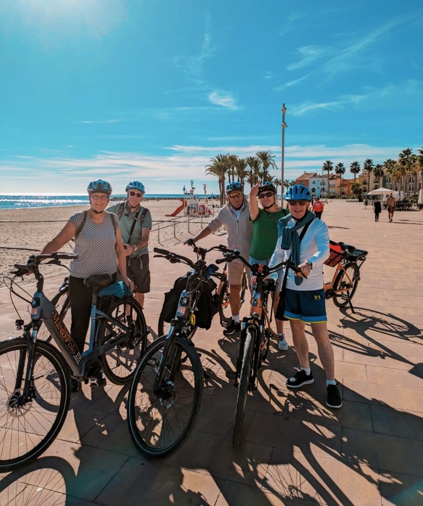 a group of people on a beach holding a bicycle