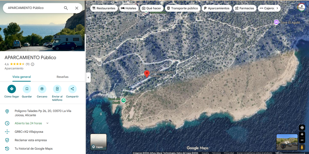 Aerial map view with location tag and coastal landscape.