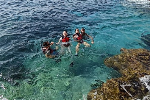 Four people swim in clear sea near rocky coast with sunny sky.