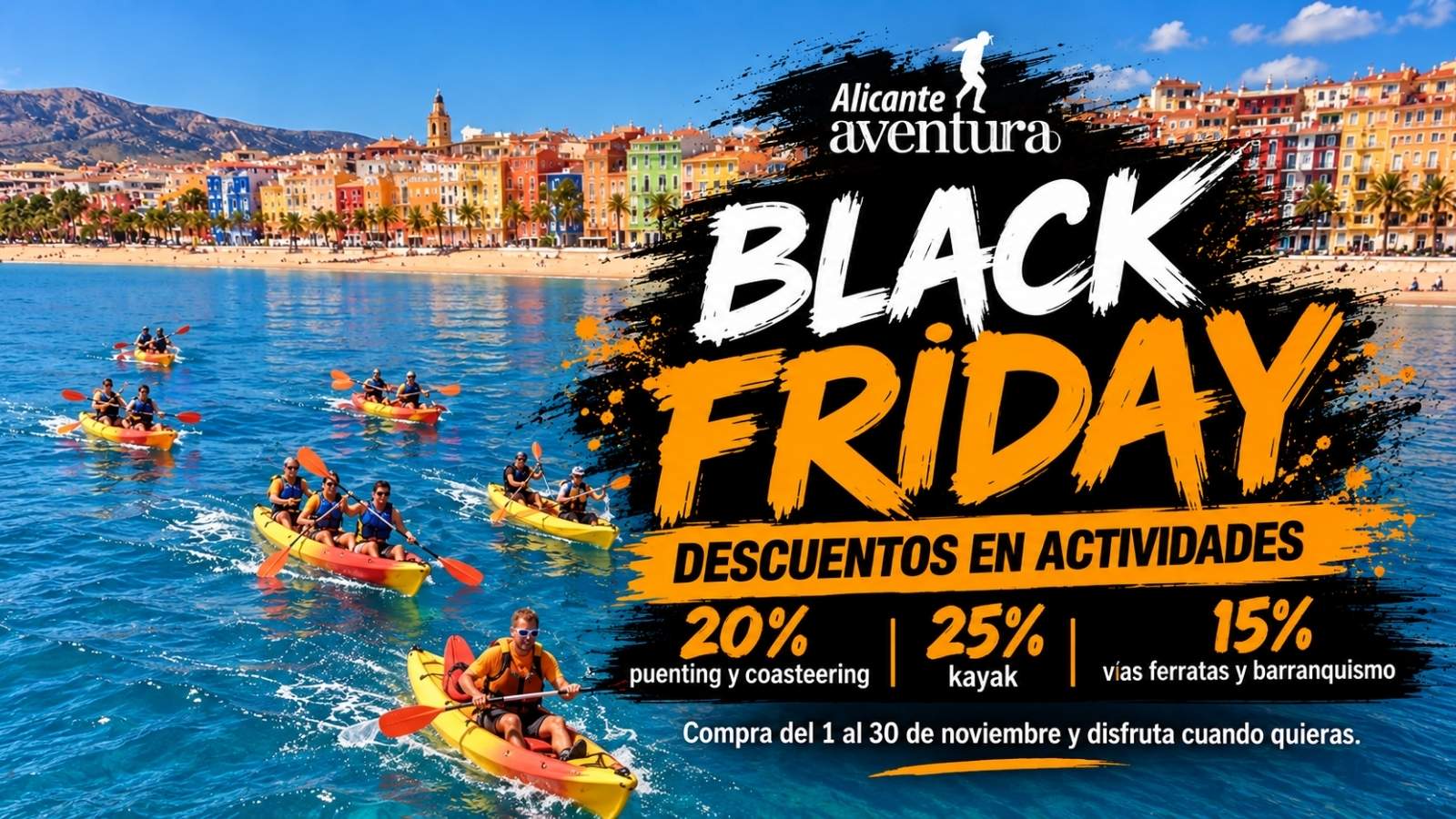 Black Friday de Alicante Aventura con descuentos en actividades de aventura sobre una imagen de personas haciendo kayak en Villajoyosa.