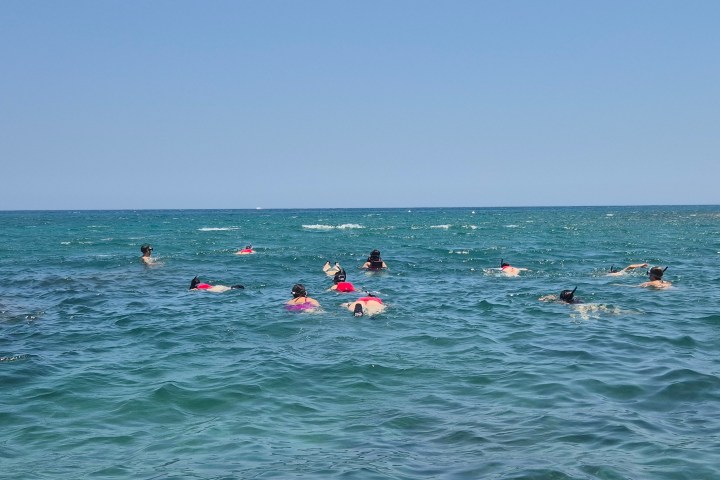 a group of people riding on the back of a boat in the ocean