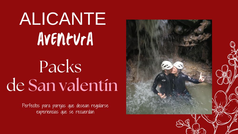 Couple in helmets enjoying a waterfall, text promoting Valentine's adventure packs.