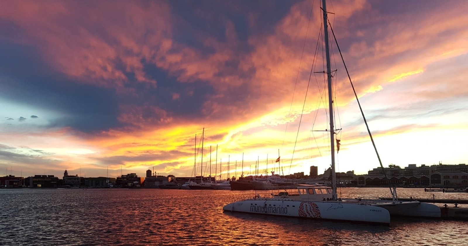 Sunset over a harbor with sailboats silhouetted against a vibrant orange and purple sky.