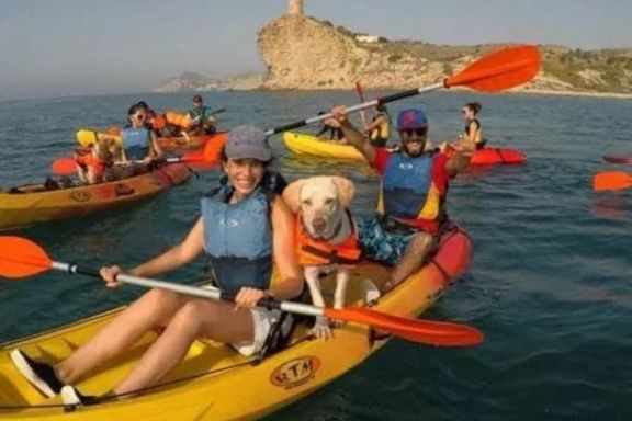 Participantes navegando en kayak con sus perros frente a la Torre del Xarco