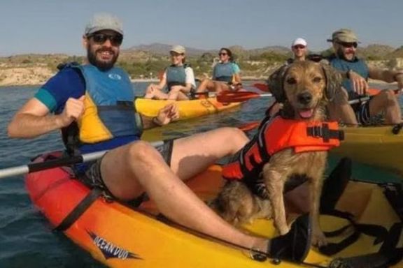 Participante navegando en kayak junto a su perro durante la excursión en Villajoyosa