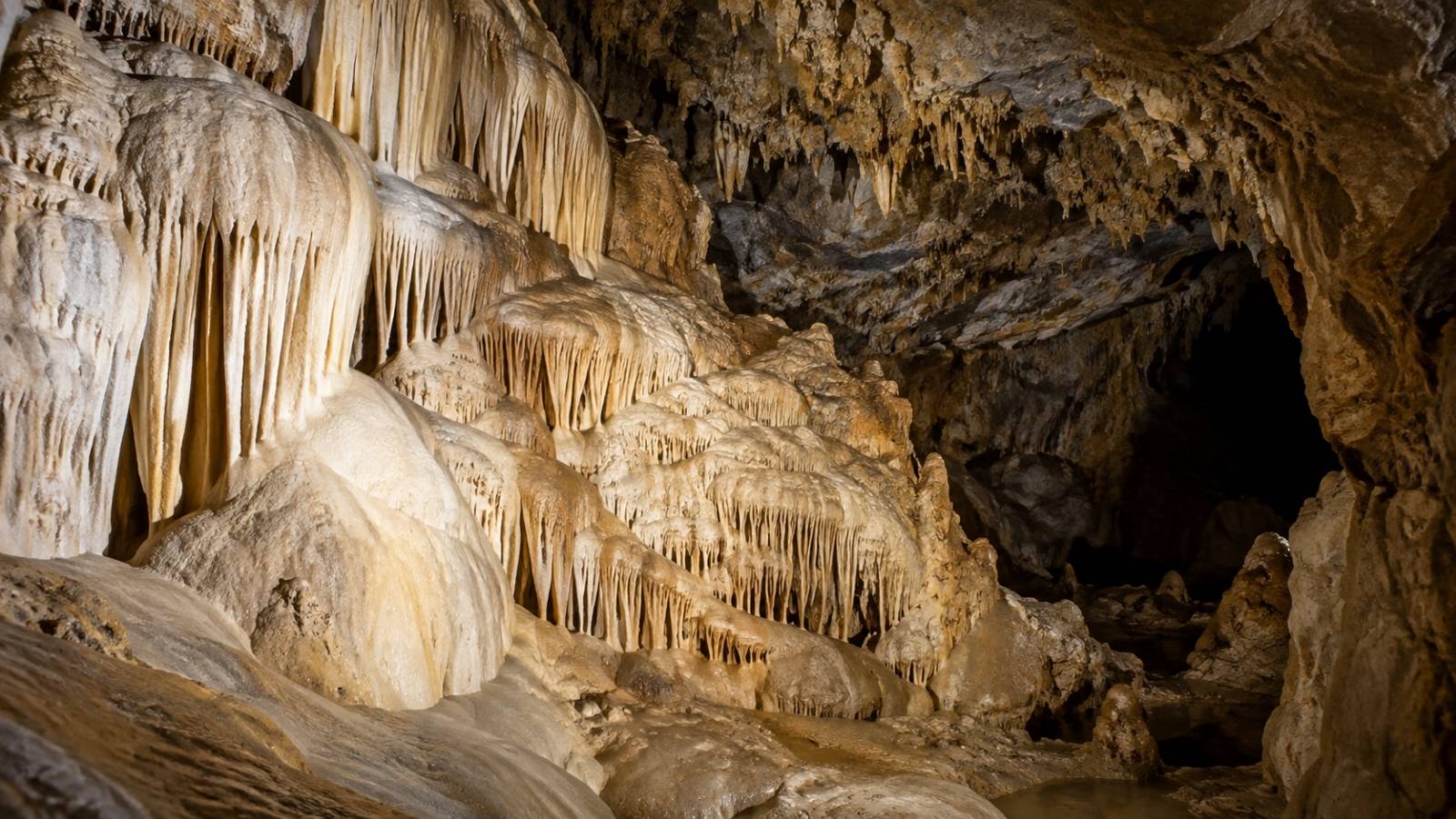 Formaciones calcáreas en el interior de una cueva durante una actividad de espeleología