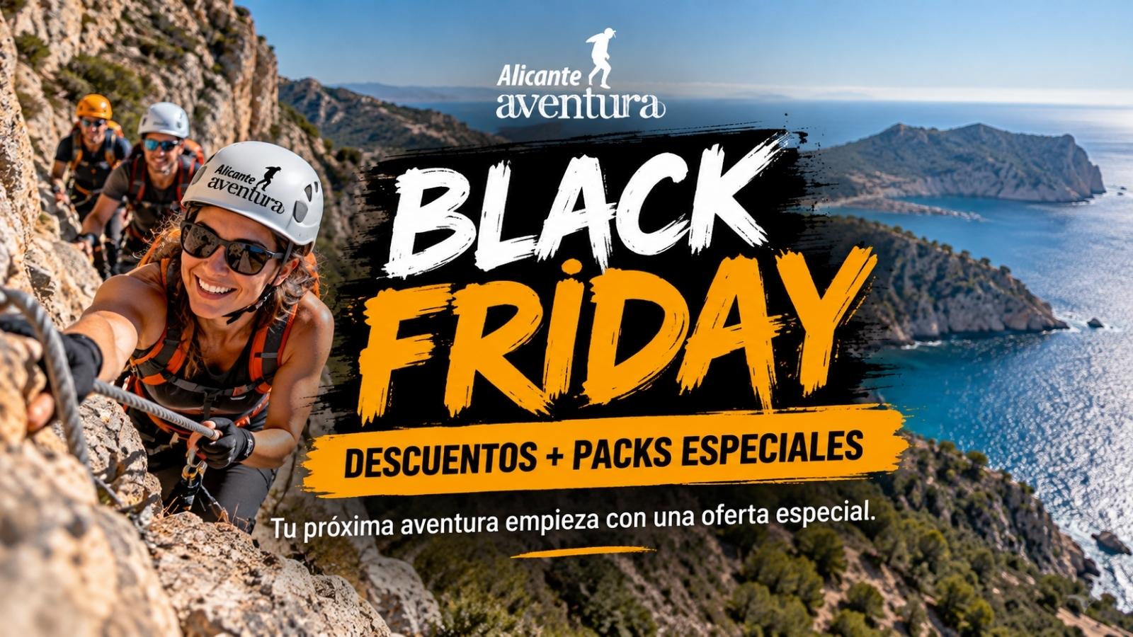 Black Friday de Alicante Aventura con descuentos y packs especiales de aventura sobre una imagen de vía ferrata en la costa de Alicante.