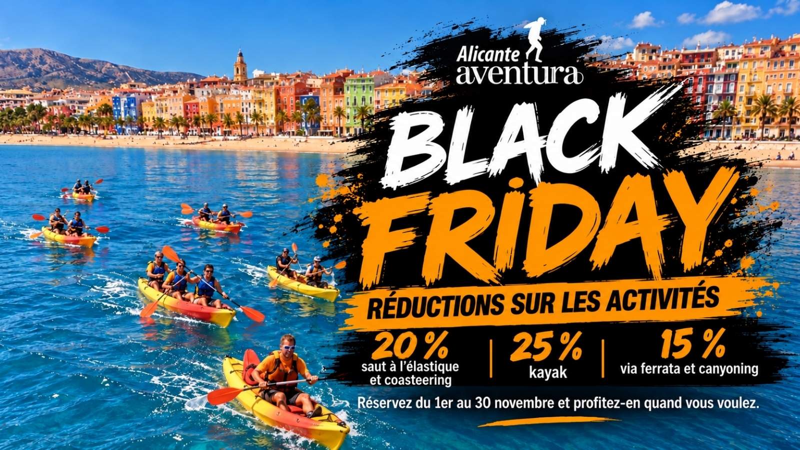 Promotion Black Friday d’Alicante Aventura avec des réductions sur le kayak, le saut à l’élastique, le coasteering, les via ferrata et le canyoning, sur une image de kayak à Villajoyosa.
